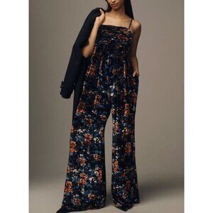 Anthropologie Hutch Velvet Floral Wide-Leg Jumpsuit Size XS Blue Pattern